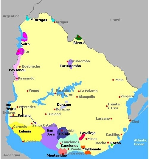 carte des régions viticoles en Uruguay 
